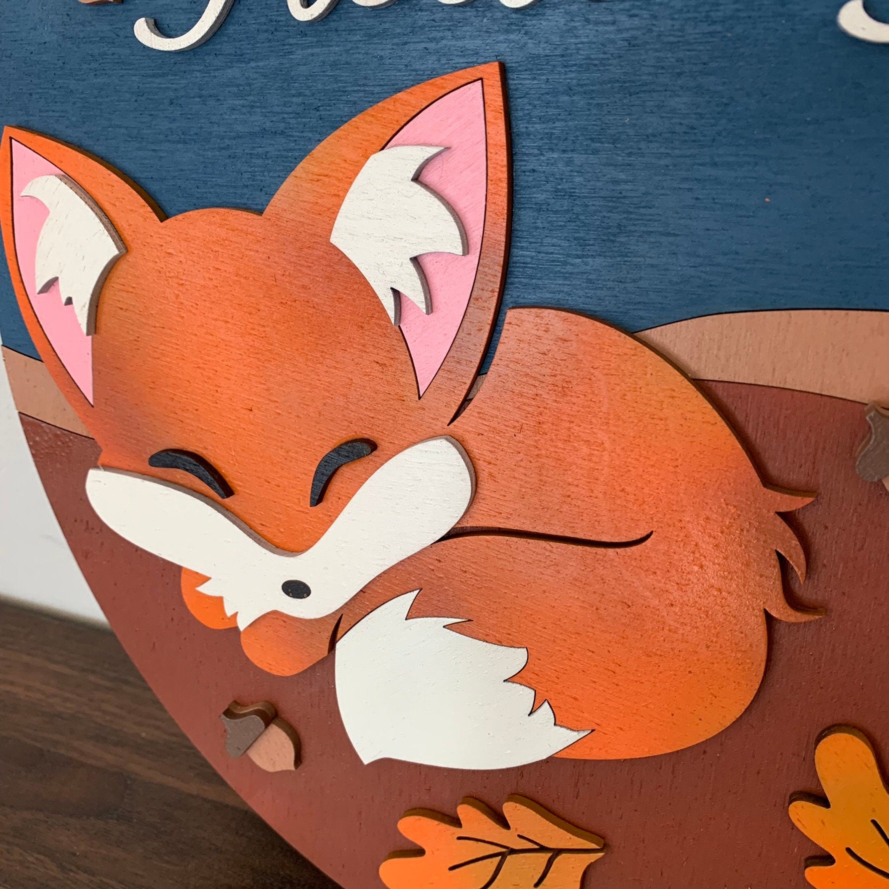 Laser Cut Wood Hello Fall with Sleeping Fox - Fall Door Hanger Sign