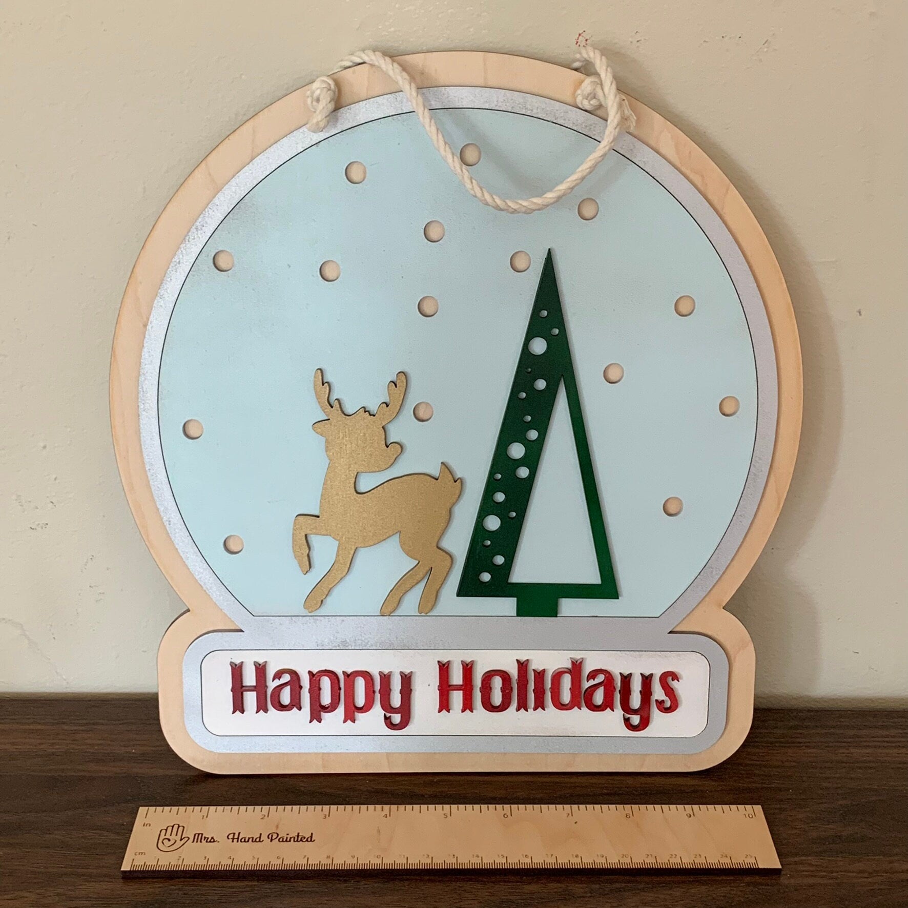 Laser Cut Wood Retro Reindeer Snow Globe Christmas Door Hanger Sign