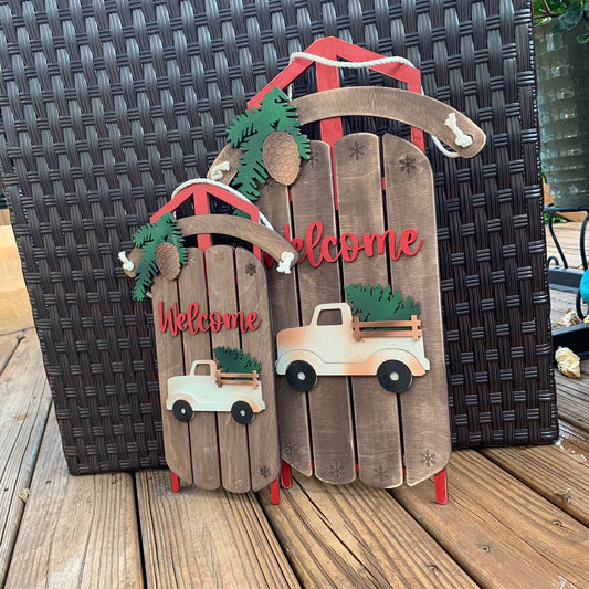 Wood Vintage Truck with Christmas Tree Sled Sign