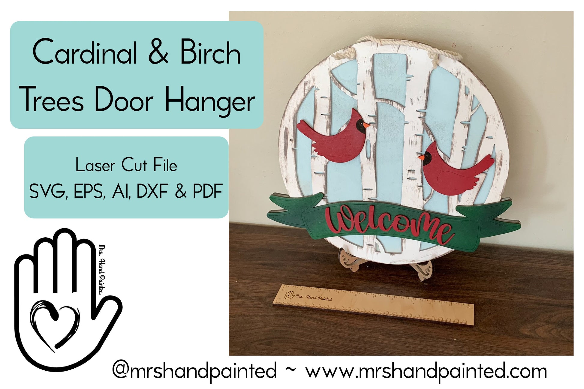 Digital Laser Cut File - Cardinal Birch Trees Door Hanger "Welcome"