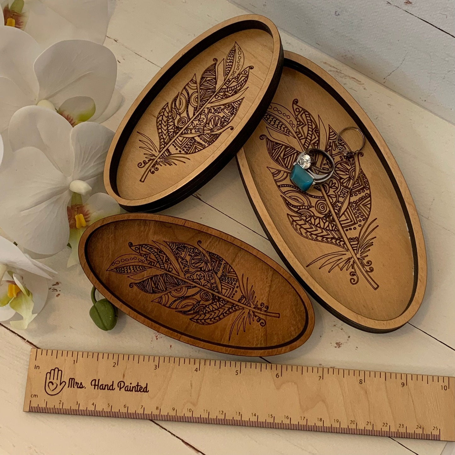 Laser Engraved Wood Boho Feather Oval Shaped Trinket Tray - Valet Tray / Ring Dish