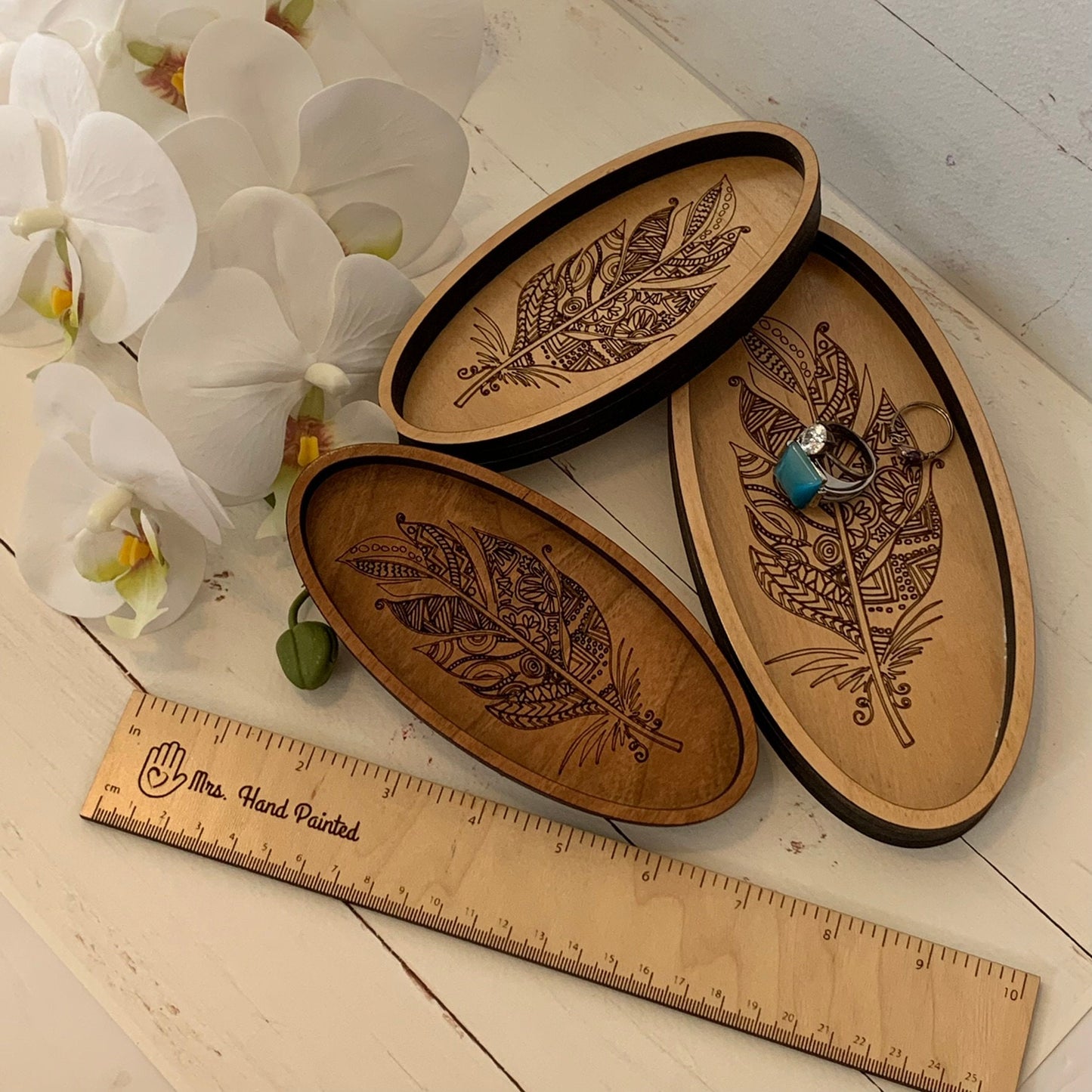 Laser Engraved Wood Boho Feather Oval Shaped Trinket Tray - Valet Tray / Ring Dish