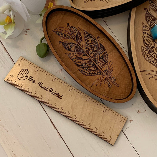 Laser Engraved Wood Boho Feather Oval Shaped Trinket Tray - Valet Tray / Ring Dish