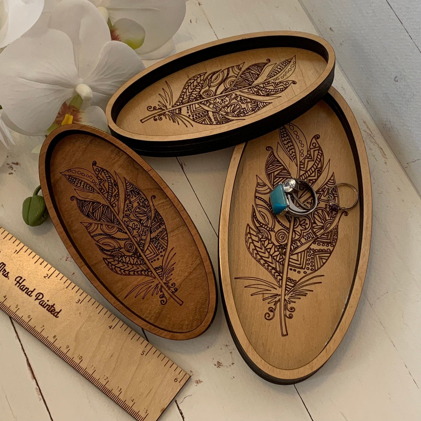 Laser Engraved Wood Boho Feather Oval Shaped Trinket Tray - Valet Tray / Ring Dish