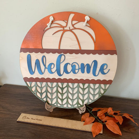 Laser Cut Wood Welcome with Pumpkin Door Hanger Sign
