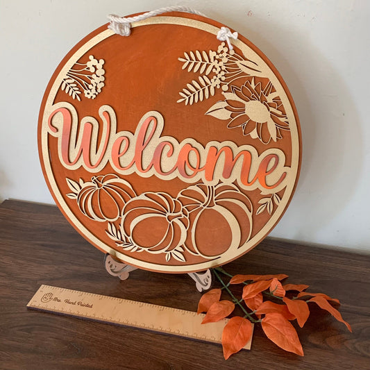 Laser Cut Wood Gold Pumpkin Wreath Welcome Sign - Fall Door Hanger