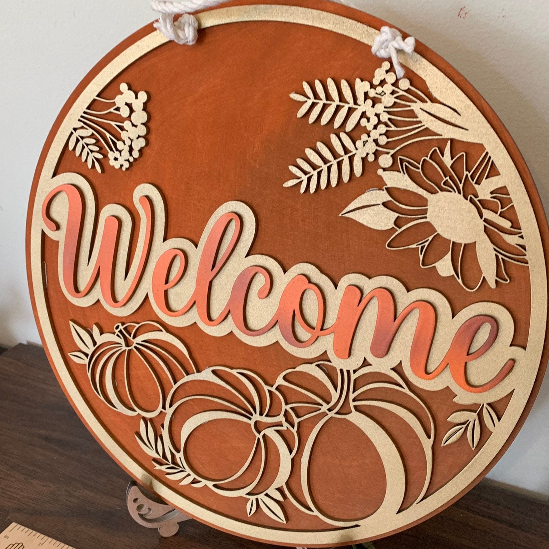 Laser Cut Wood Gold Pumpkin Wreath Welcome Sign - Fall Door Hanger