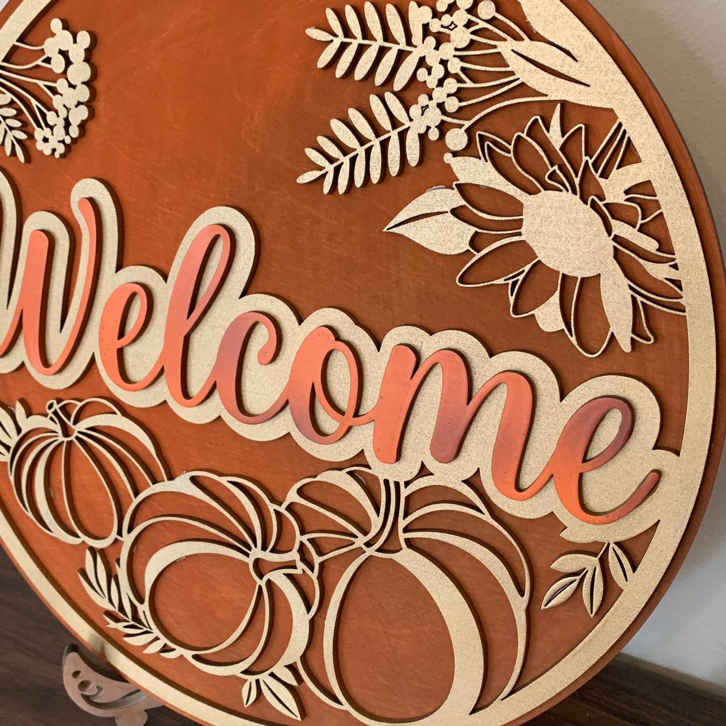 Laser Cut Wood Gold Pumpkin Wreath Welcome Sign - Fall Door Hanger