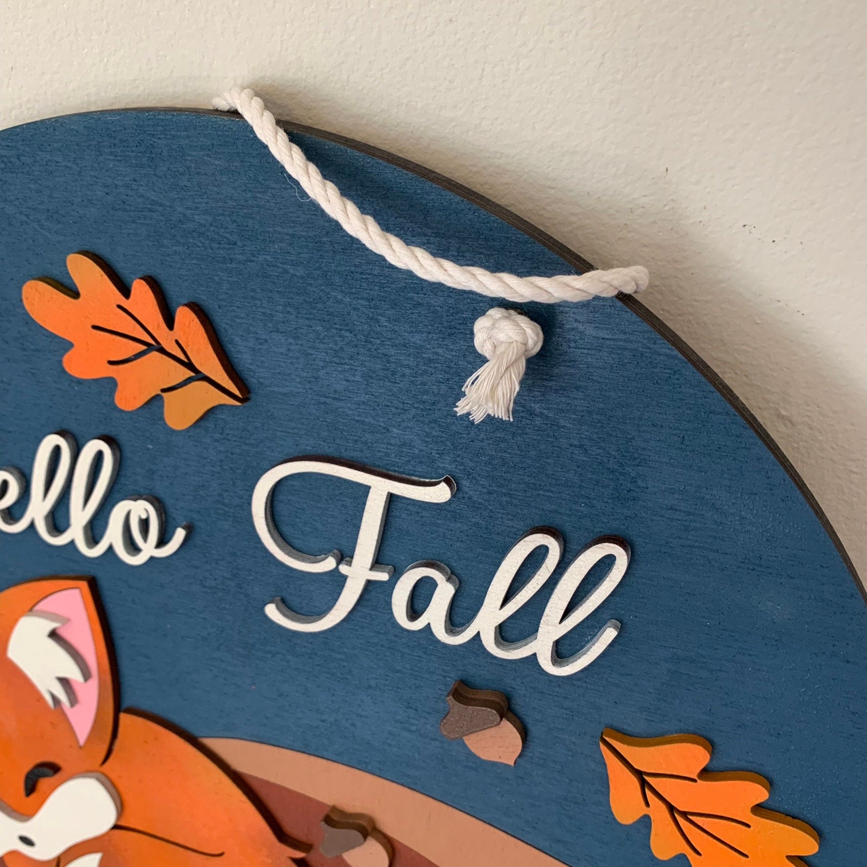 Laser Cut Wood Hello Fall with Sleeping Fox - Fall Door Hanger Sign