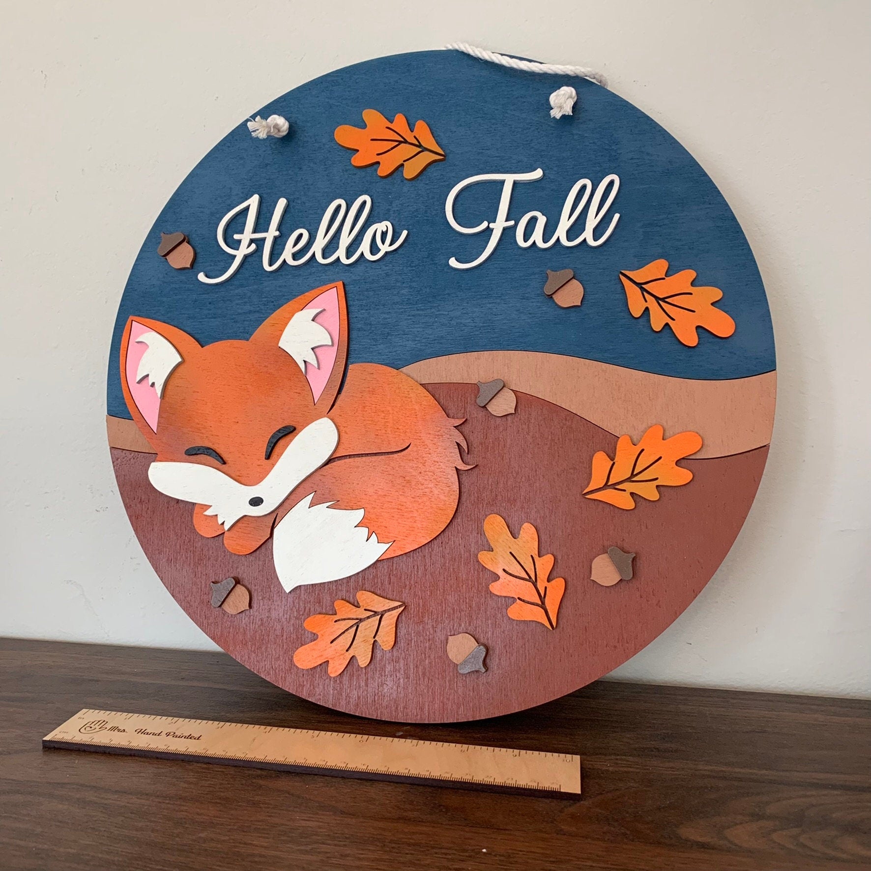 Laser Cut Wood Hello Fall with Sleeping Fox - Fall Door Hanger Sign