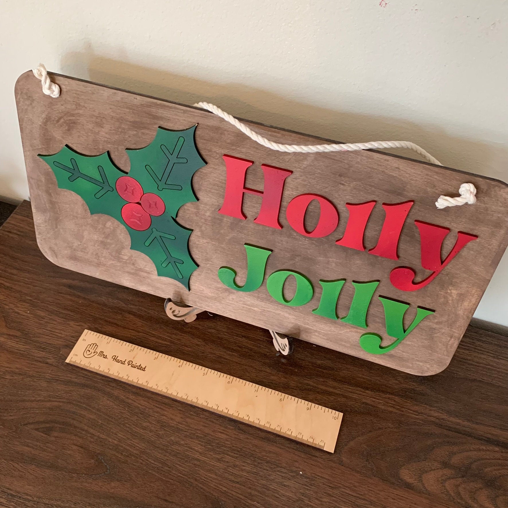 Laser Cut Wood Retro Holly Jolly with Holly Christmas Door Hanger Sign