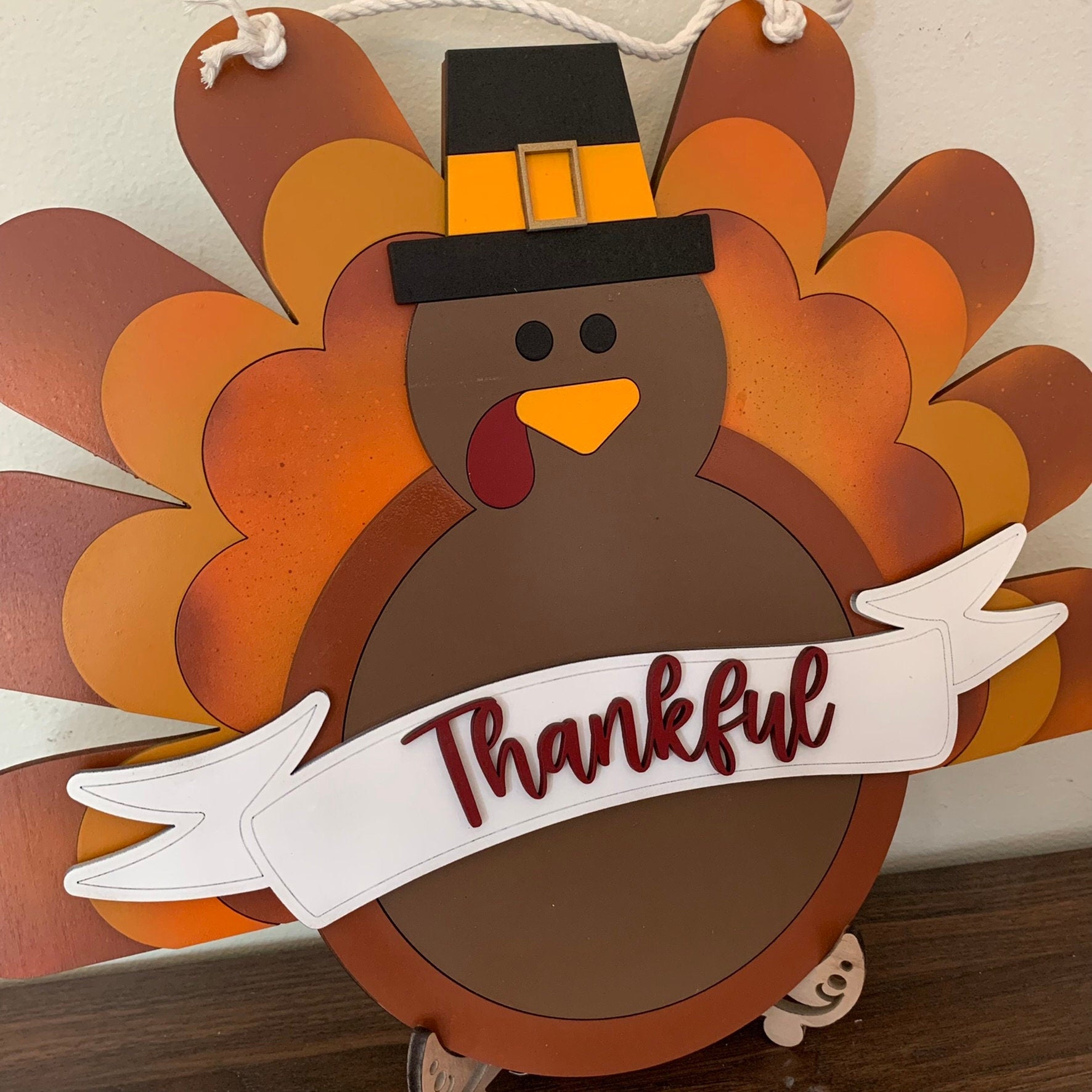 Laser Cut Wood Thankful Turkey - Fall Door Hanger Sign