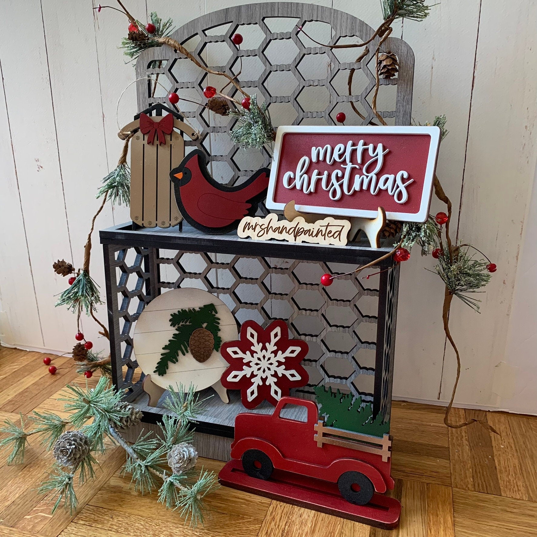Farmhouse Christmas Tiered Tray Decor - Laser Cut Wood Painted