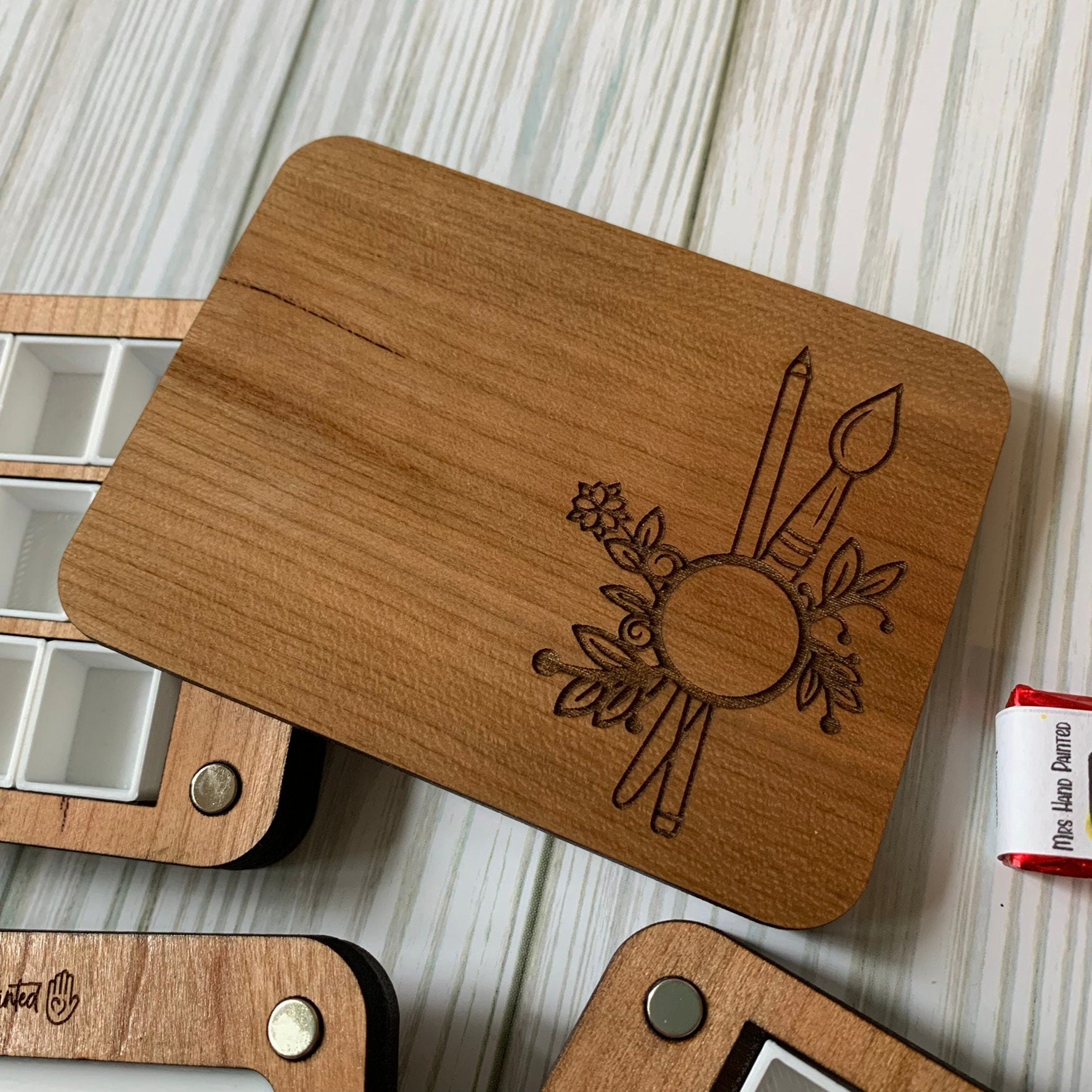 Mini Travel Size Laser Engraved Wood Watercolor Box with Personalization
