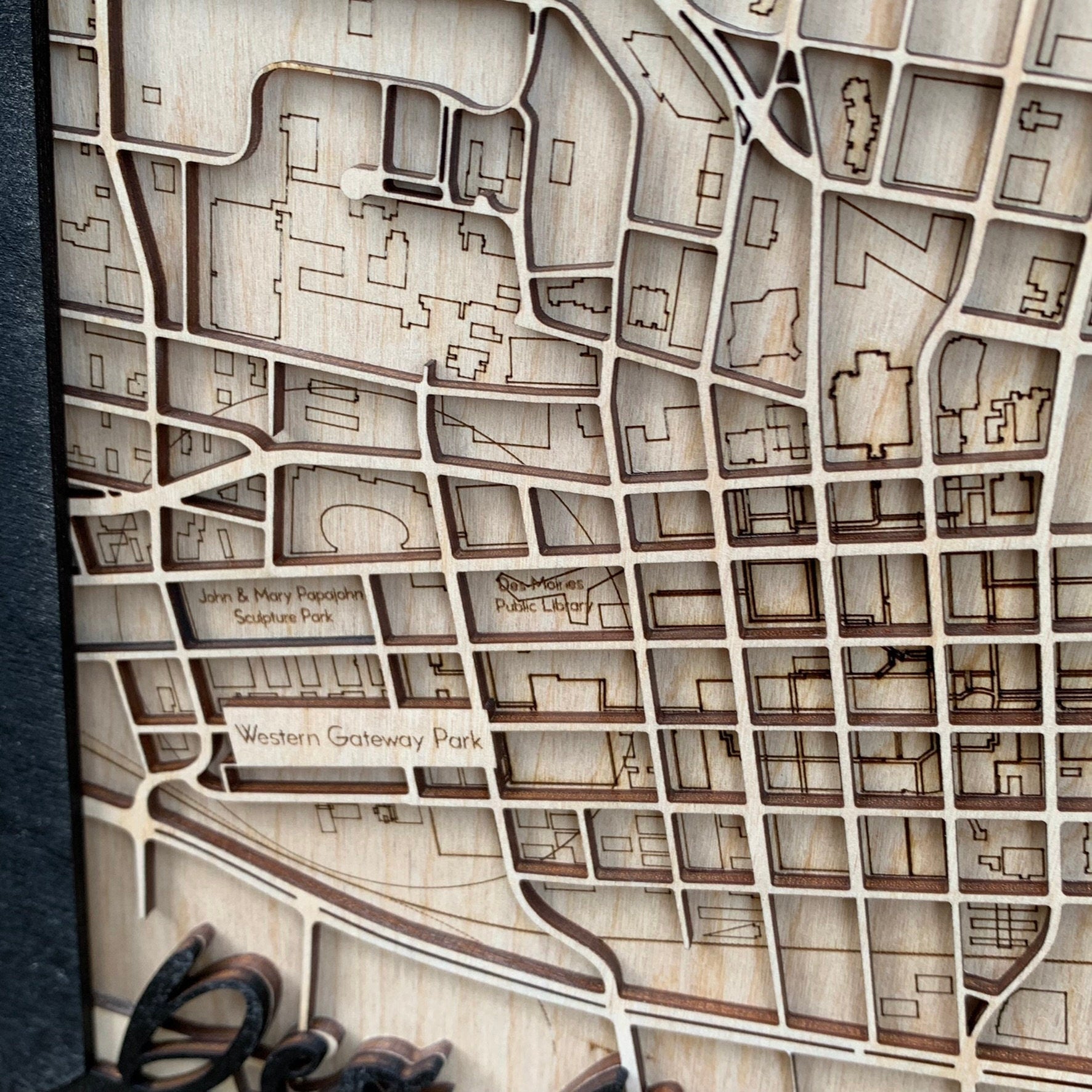 Des Moines, Iowa - City Map Layered Sign - Laser Cut Wood Wall Hanging