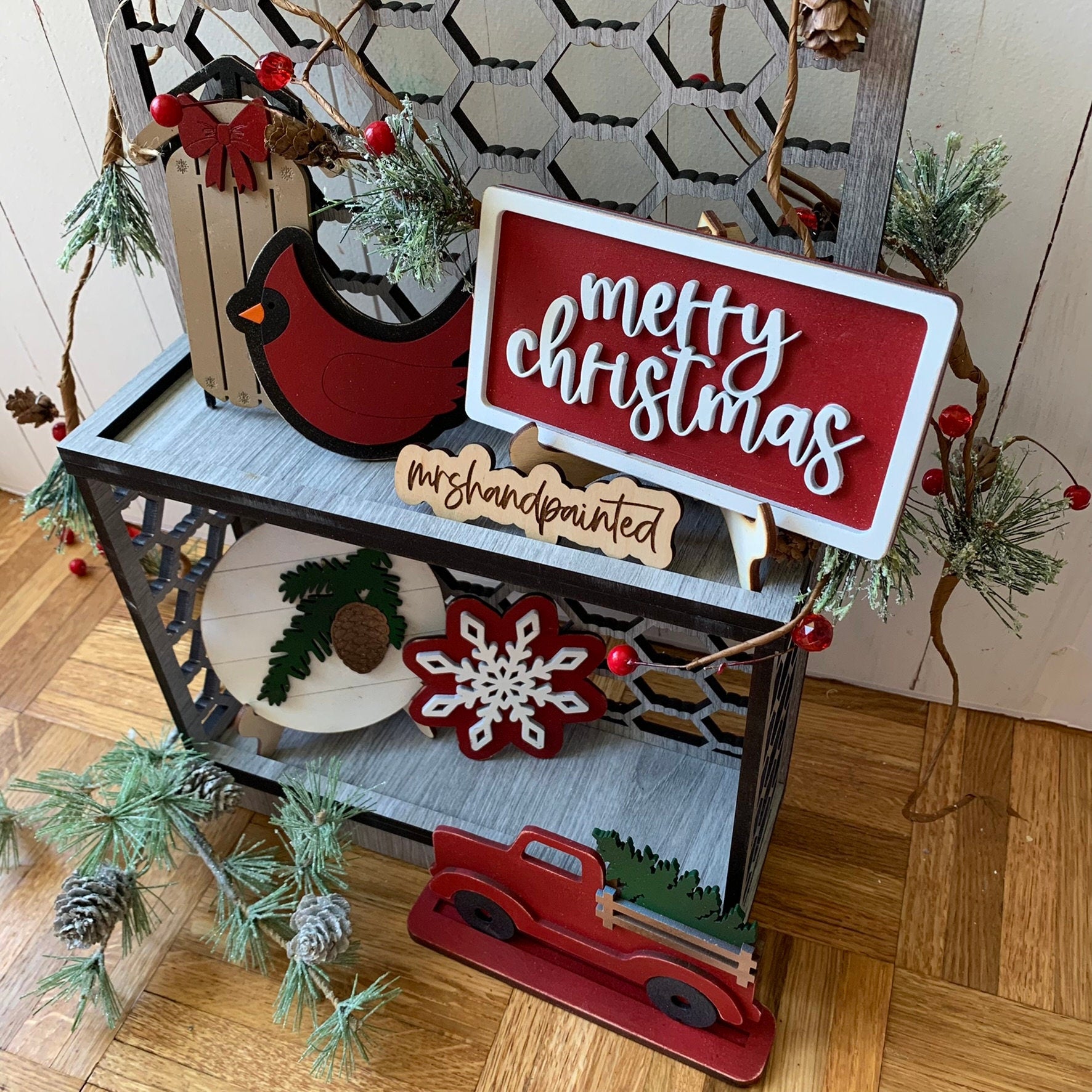 Farmhouse Christmas Tiered Tray Decor - Laser Cut Wood Painted