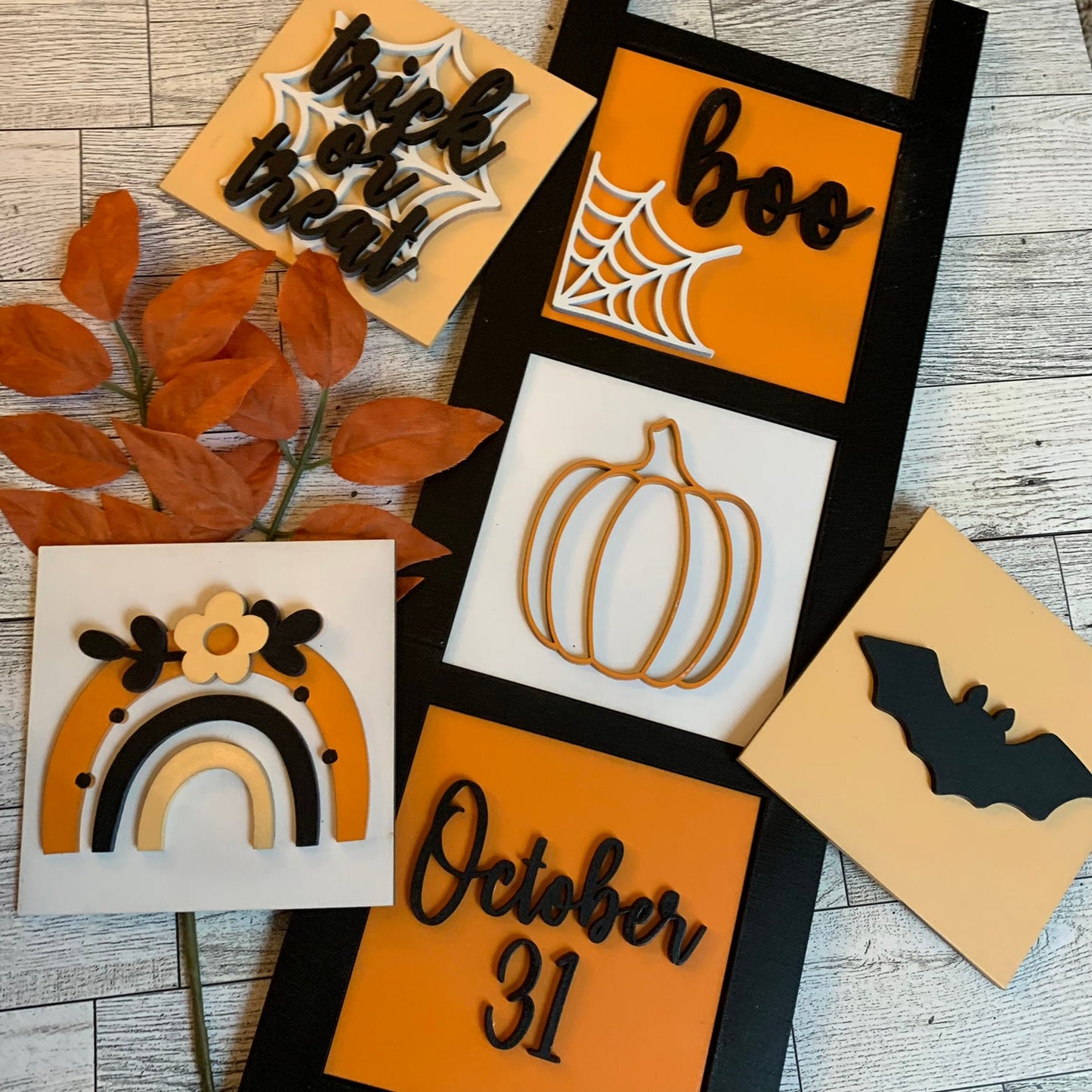 Boho Halloween Leaning Ladder Interchangeable Signs - Laser Cut Wood Painted