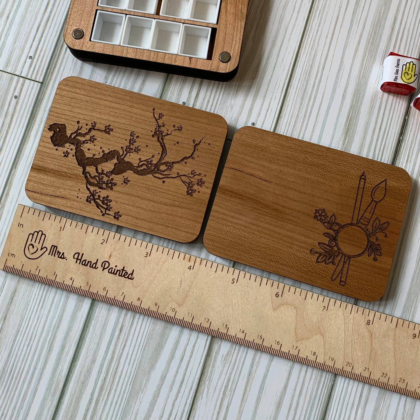 Mini Travel Size Laser Engraved Wood Watercolor Box with Personalization