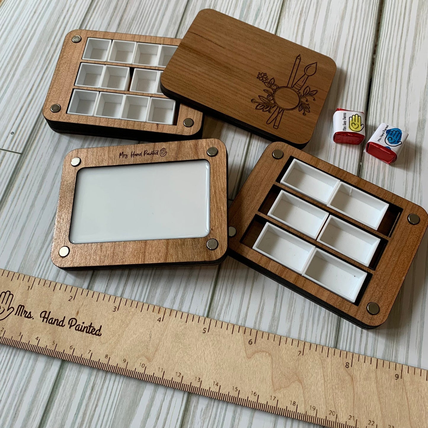 Mini Travel Size Laser Engraved Wood Watercolor Box with Personalization