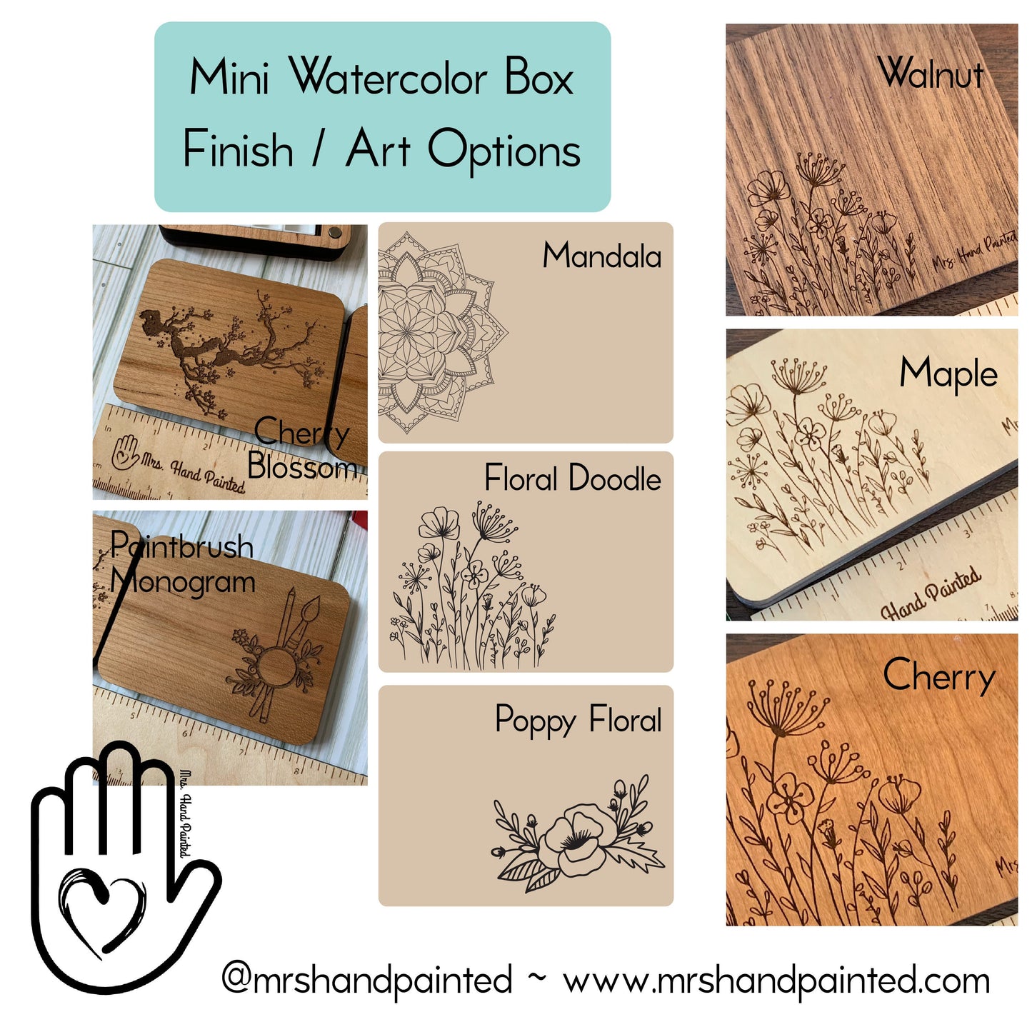 Mini Travel Size Laser Engraved Wood Watercolor Box with Personalization