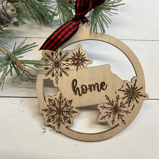 Iowa "home" Christmas Ornament with Snowflakes Laser Engraved Wood