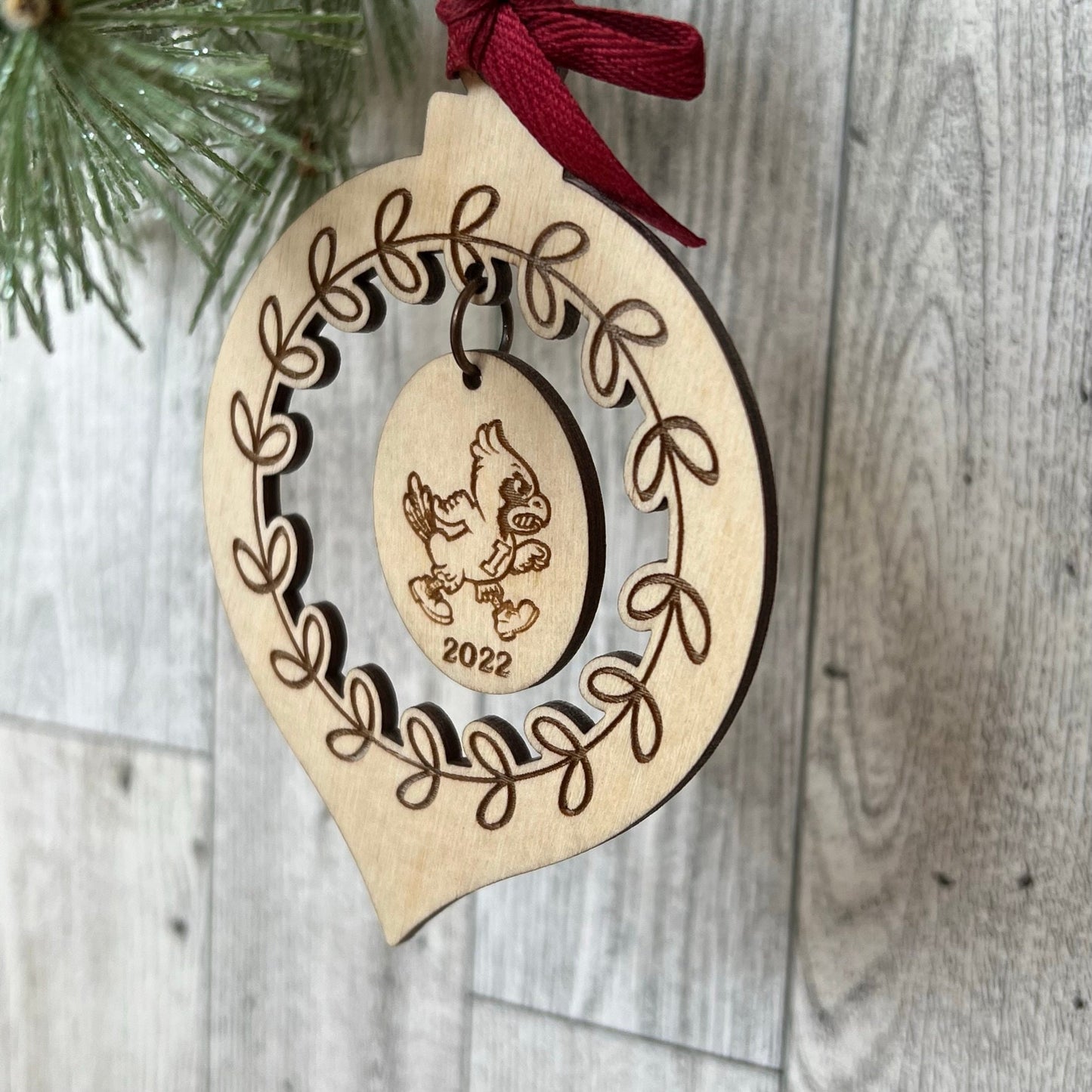 Iowa State Cyclones with Dangle Laser Cut Wood Christmas Ornament