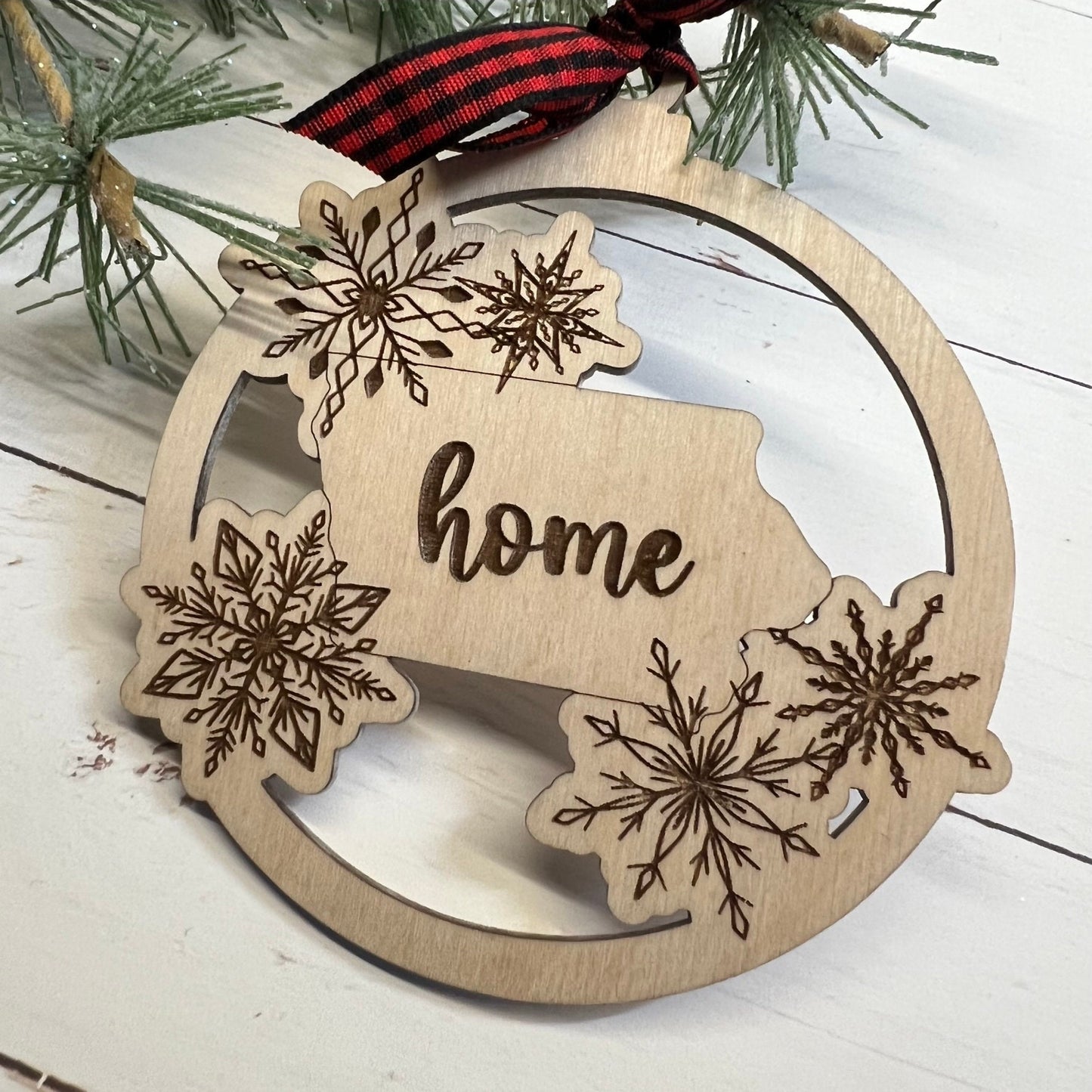 Iowa "home" Christmas Ornament with Snowflakes Laser Engraved Wood