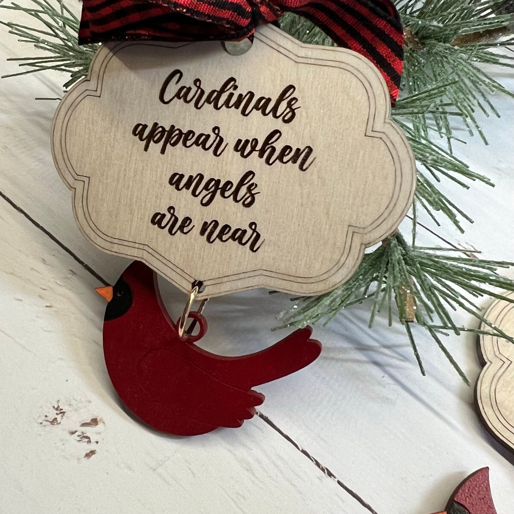 Cardinal Memorial Christmas Ornament with Dangle Laser Cut Wood