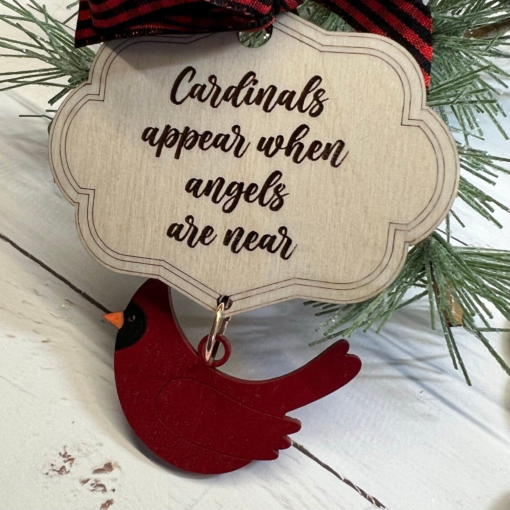 Cardinal Memorial Christmas Ornament with Dangle Laser Cut Wood