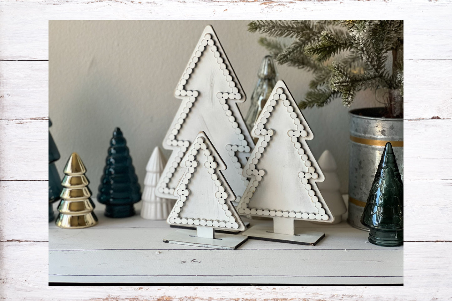 Farmhouse Style Faux Bead Trim Standing Trees - Set of 3
