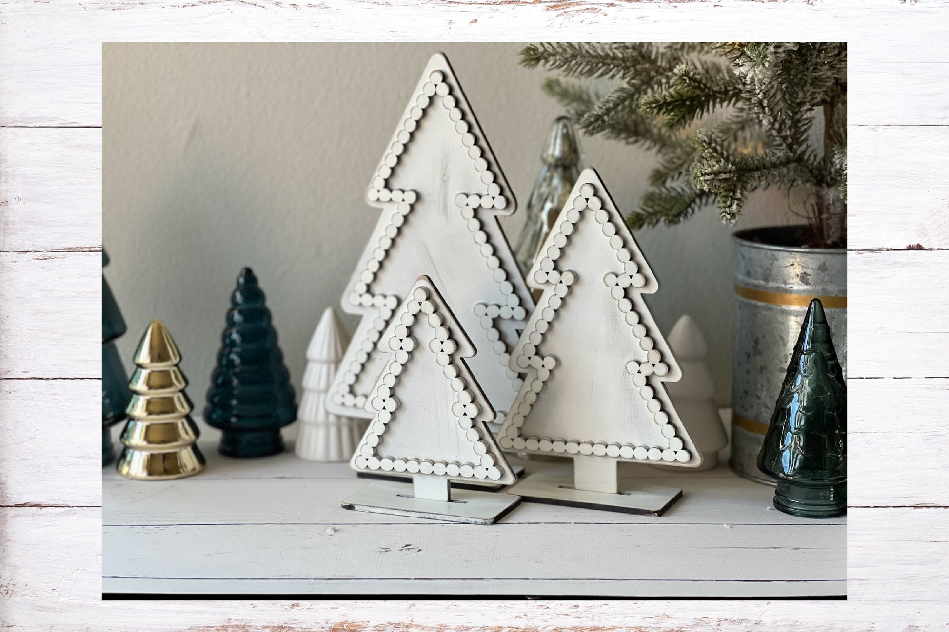 Farmhouse Style Faux Bead Trim Standing Trees - Set of 3