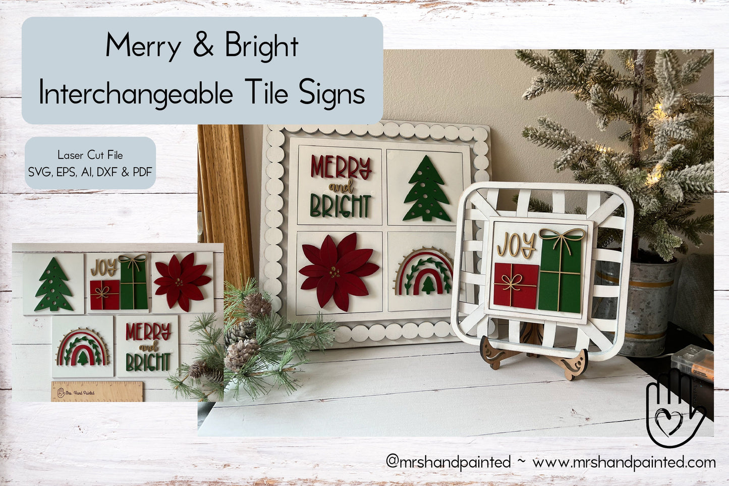 Laser Cut File - Merry & Bright Christmas Ladder Tiles - Interchangeable Signs - Digital Download