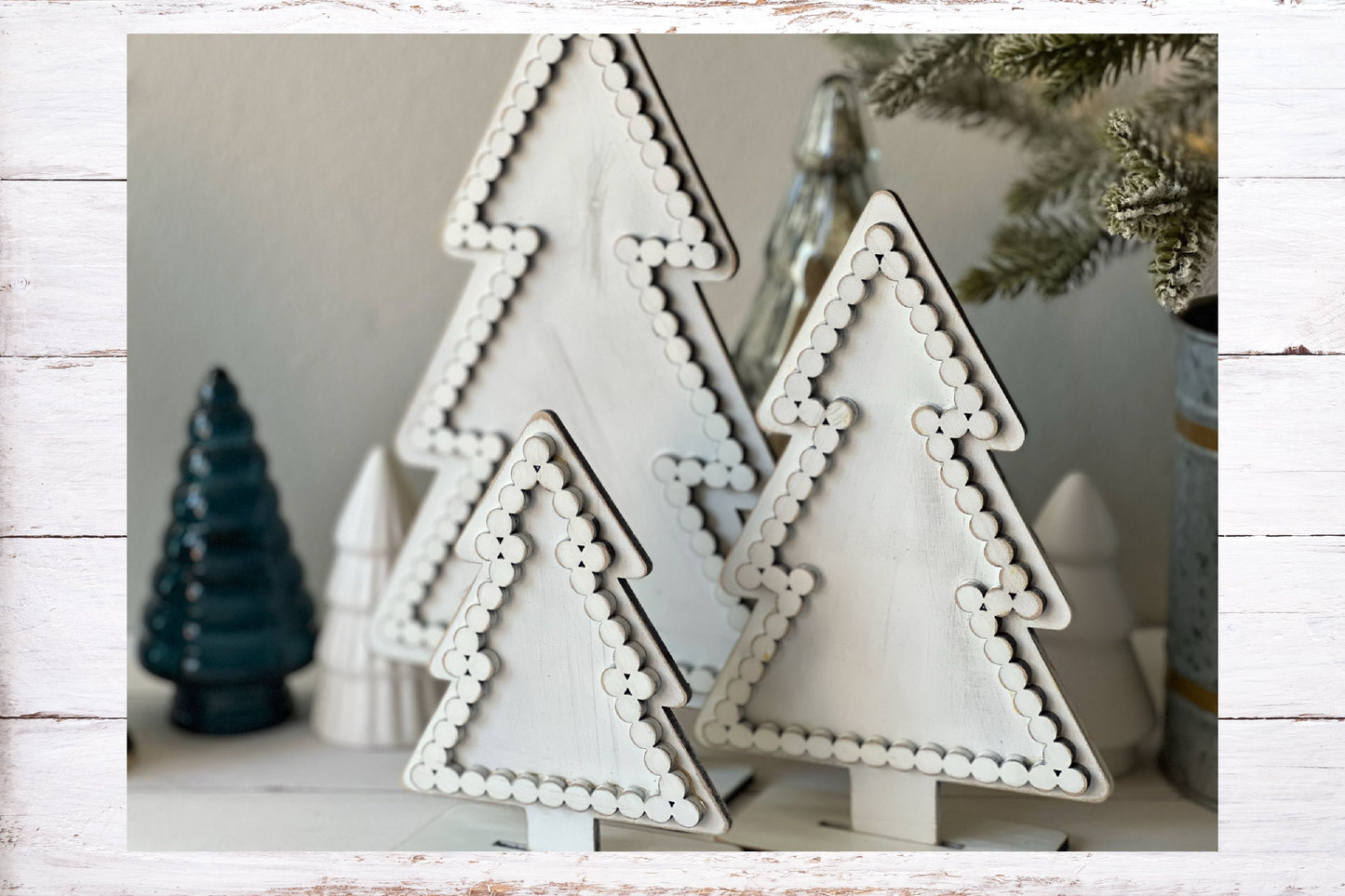 Farmhouse Style Faux Bead Trim Standing Trees - Set of 3
