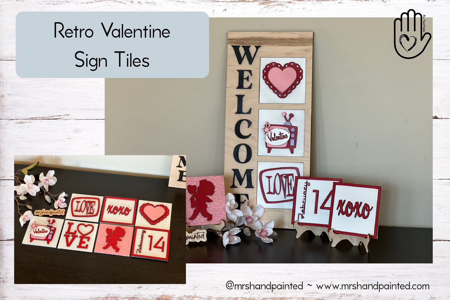 Retro Valetine's Day Interchangeable Sign Tiles Leaning Ladder Signs - Laser Cut Wood Painted