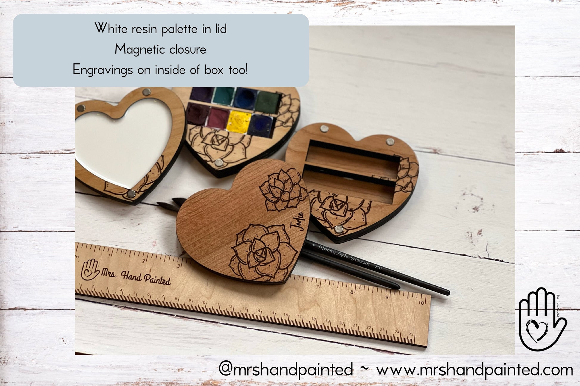 Heart Shaped with Succulents Engraved Wood Watercolor Box with Personalization