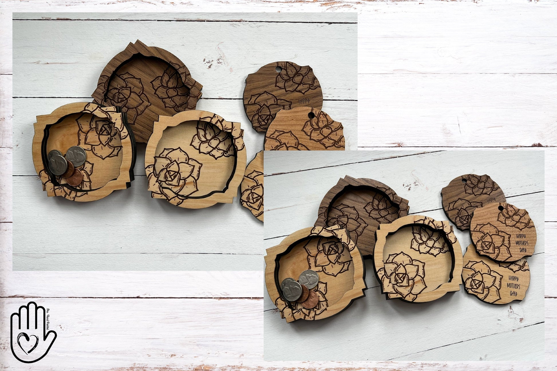 Succulent Engraved Wood Valet Trays and Trinket & Coin Dishes