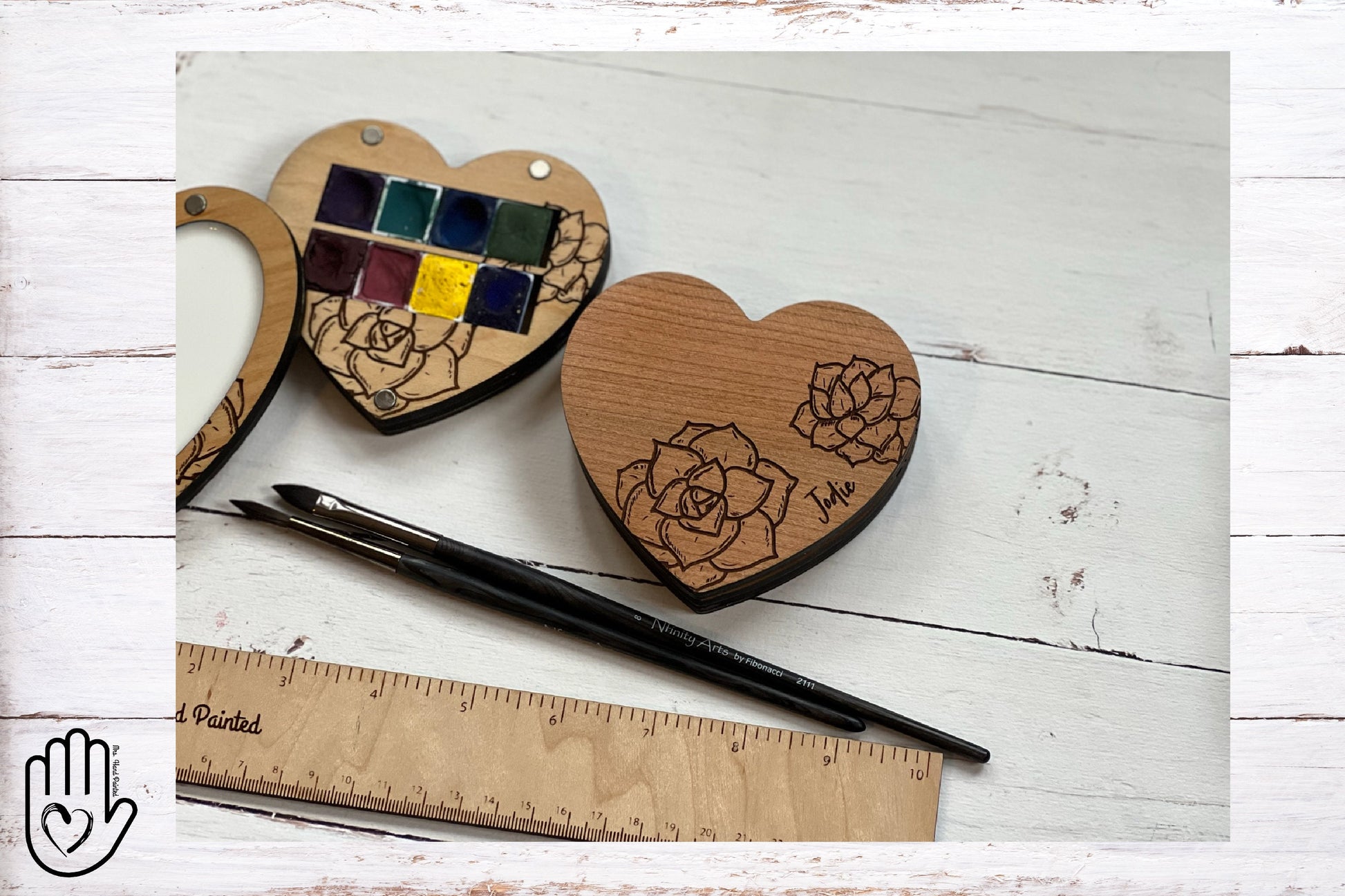 Heart Shaped with Succulents Engraved Wood Watercolor Box with Personalization