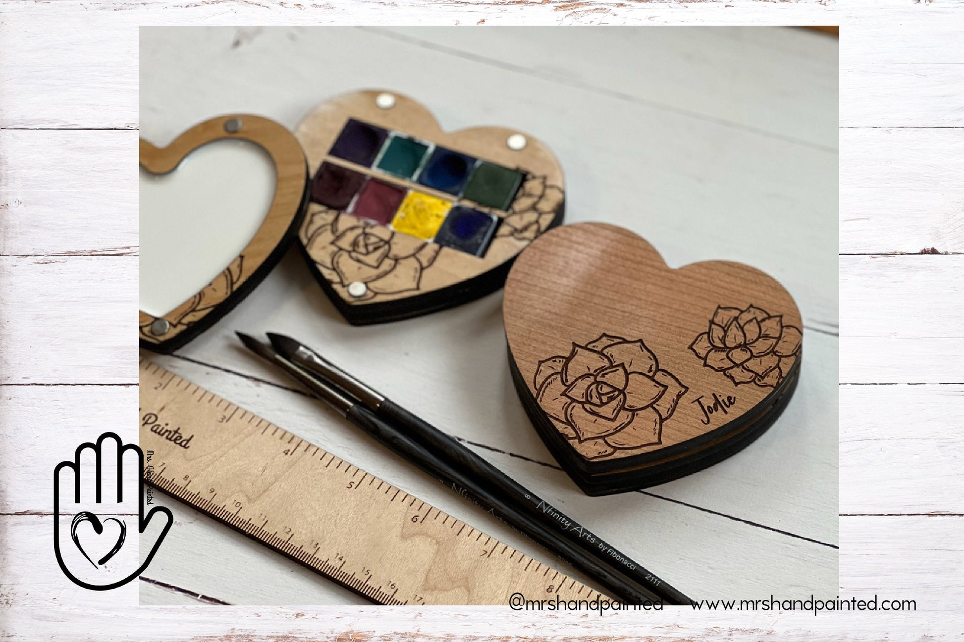 Heart Shaped with Succulents Engraved Wood Watercolor Box with Personalization