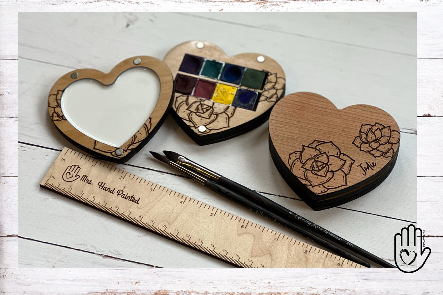 Heart Shaped with Succulents Engraved Wood Watercolor Box with Personalization