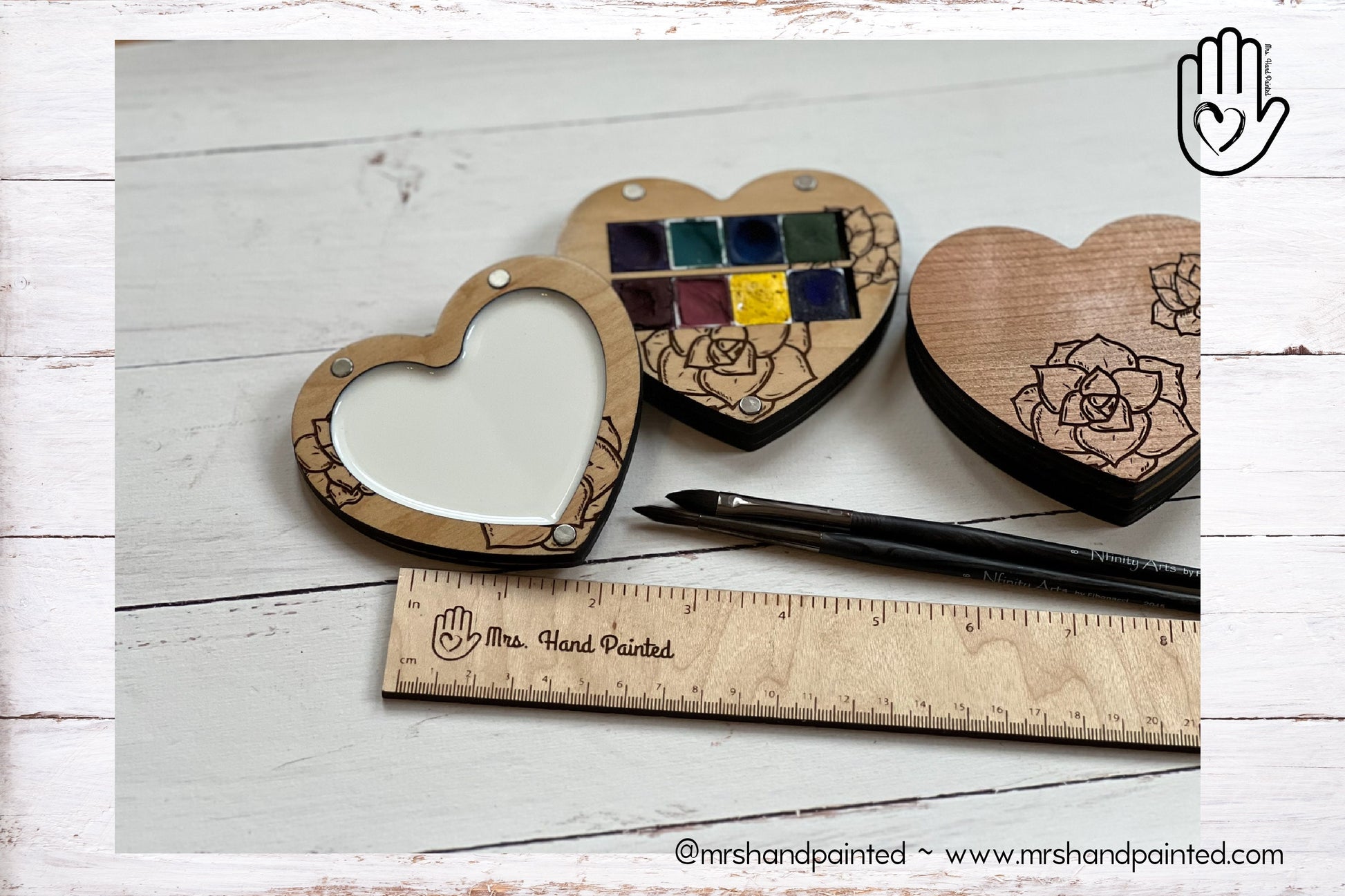 Heart Shaped with Succulents Engraved Wood Watercolor Box with Personalization