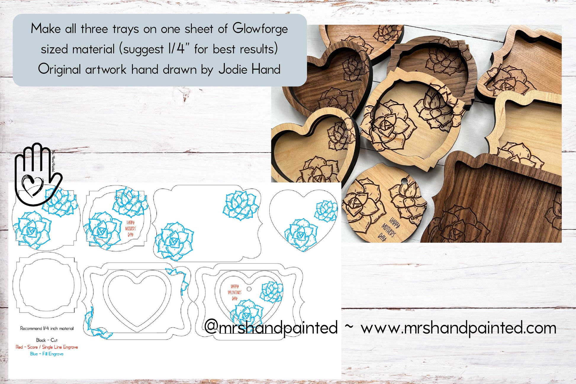 Laser Cut File - Succulent Engraved Trinket Trays - Digital Download SVG, AI files