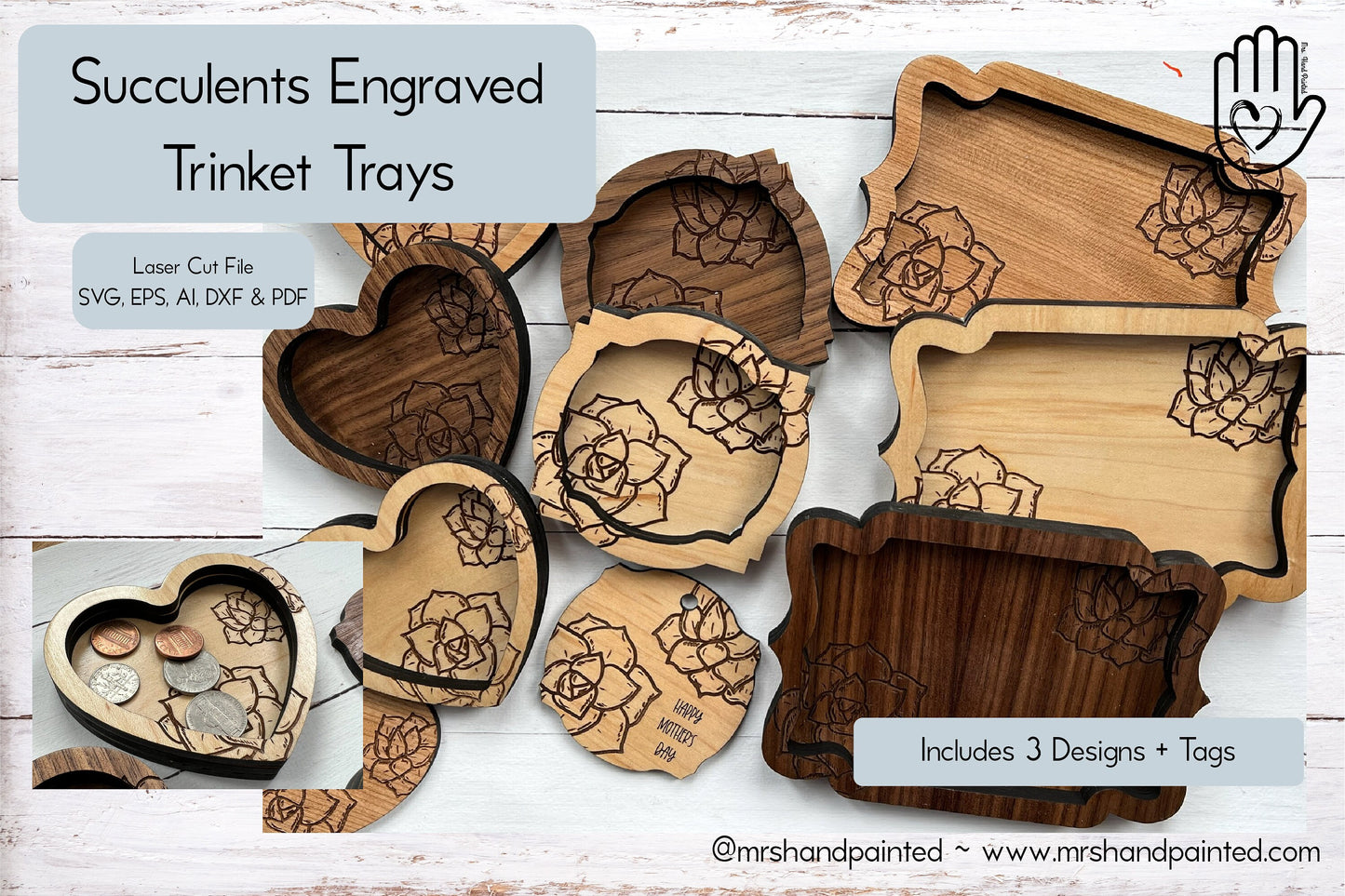 Laser Cut File - Succulent Engraved Trinket Trays - Digital Download SVG, AI files