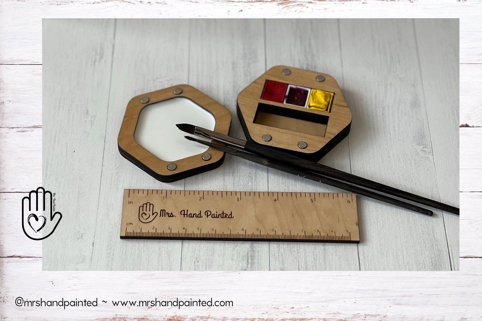 Mini Hexagon Wood Watercolor Palette - Custom Engraved with Hand Drawn Bee and Floral Design