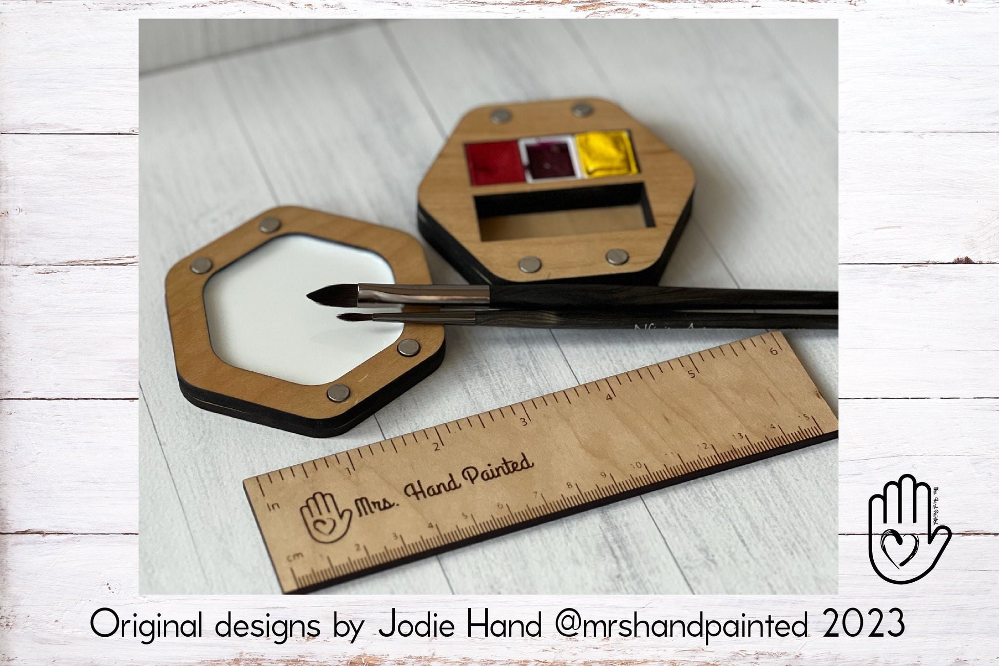 Mini Hexagon Wood Watercolor Palette - Custom Engraved with Hand Drawn Bee and Floral Design