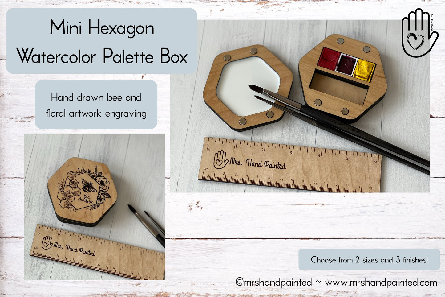 Mini Hexagon Wood Watercolor Palette - Custom Engraved with Hand Drawn Bee and Floral Design