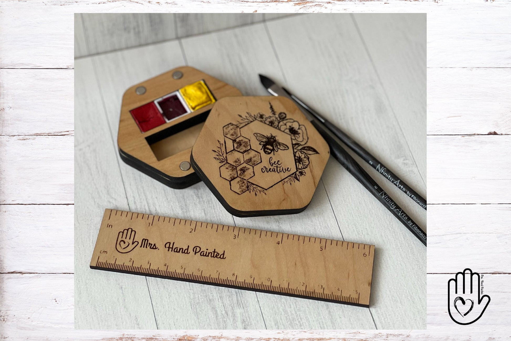 Mini Hexagon Wood Watercolor Palette - Custom Engraved with Hand Drawn Bee and Floral Design