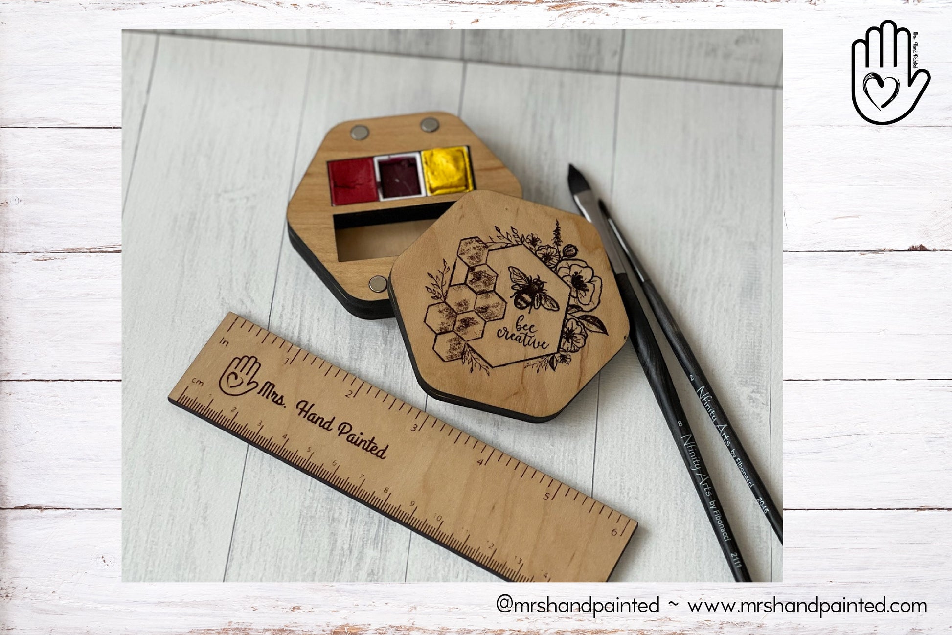 Mini Hexagon Wood Watercolor Palette - Custom Engraved with Hand Drawn Bee and Floral Design