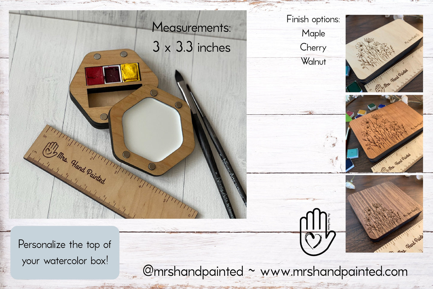 Mini Hexagon Wood Watercolor Palette - Custom Engraved with Hand Drawn Bee and Floral Design