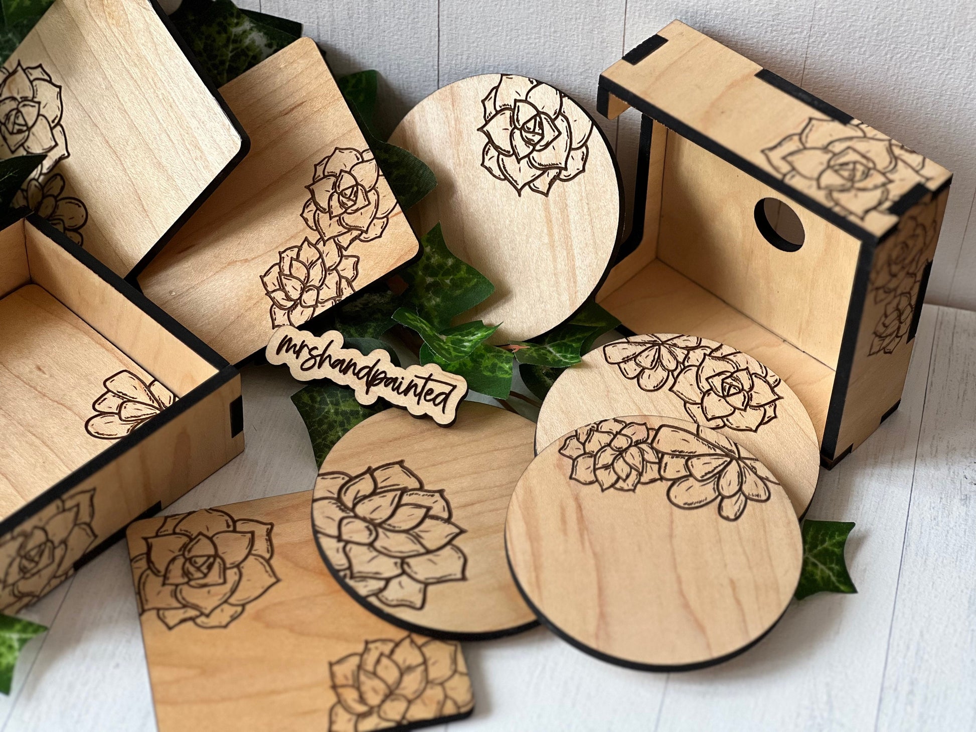 Wood Coaster Set - Laser Engraved Succulents Design
