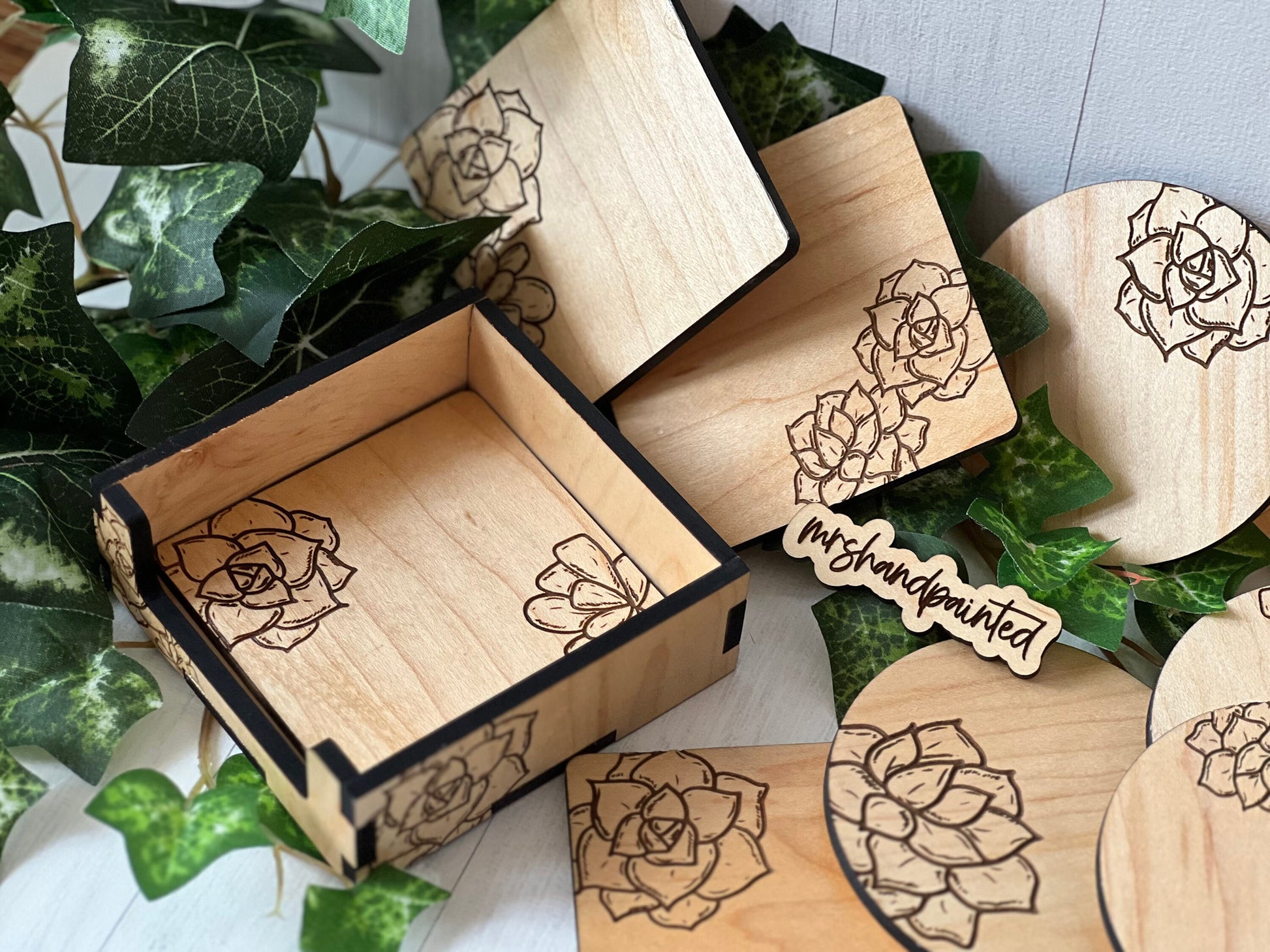 Wood Coaster Set - Laser Engraved Succulents Design
